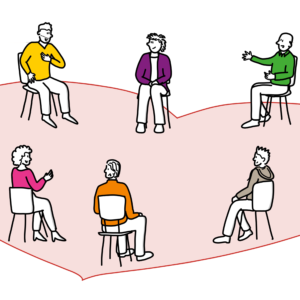 een aafbeelding van mensen die met elkaar diep in gesprek zijn op een ondergrond in een hartvorm.